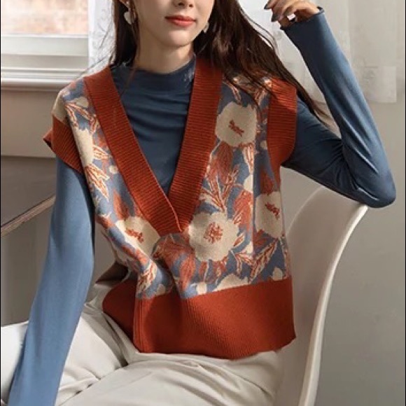 Floral know vest sweater too v-neck high low knit vintage soft orange - Picture 14 of 14